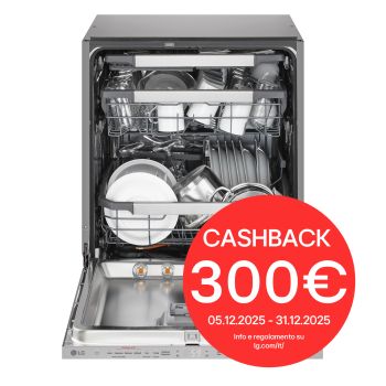 Vista frontale della lavastoviglie LG QuadWash DB597TXS con cashback